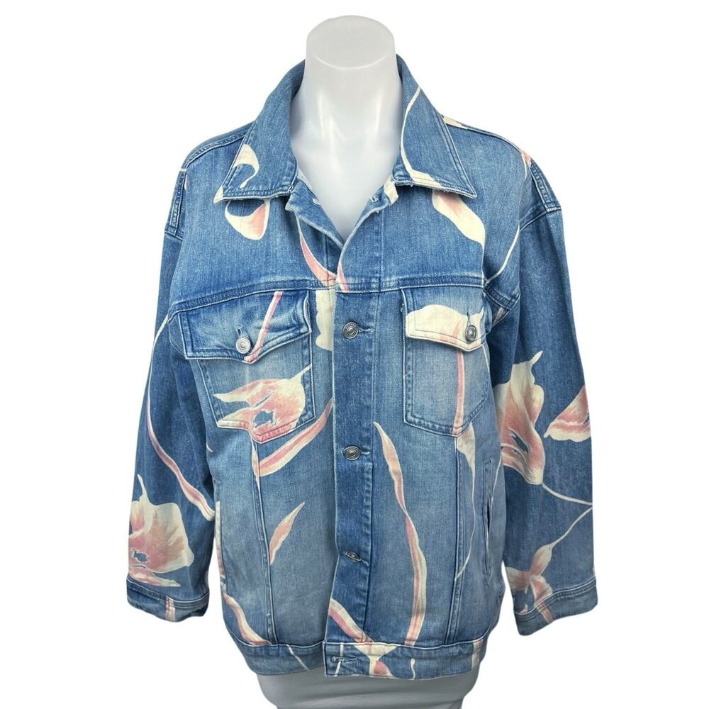 Hudson Women's Blue Floral Print Graphic Button Down Denim Jean Jacket Size M